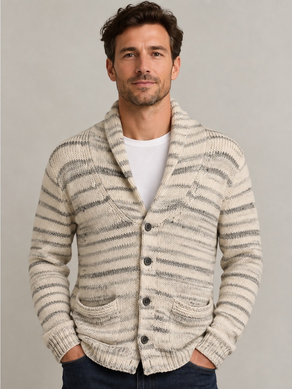 Schott NYC Cable Knit Wool Blend Shawl Collar Cardigan Sweater Cream Gray Large